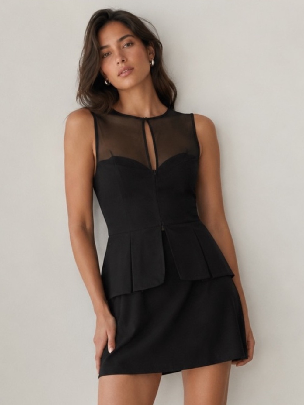 Bisou Bisou Black Mesh-Yoke Peplum Mini Dress Size 12